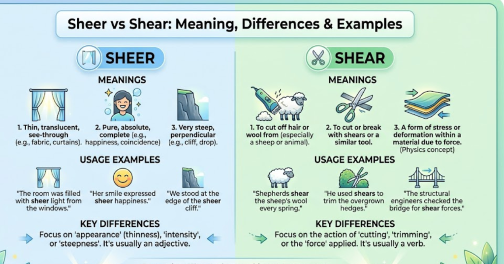 Sheer vs Shear: Meaning, Differences & Examples